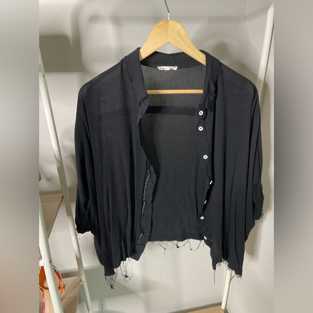 Distressed button down short sleeve shirt